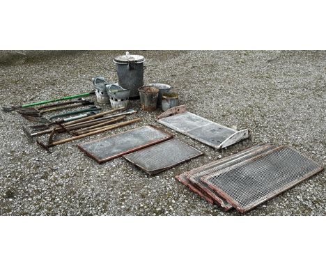 Galvanised bucket planters with loose loop handles together with a small collection of long handled gardening tools, a cylind