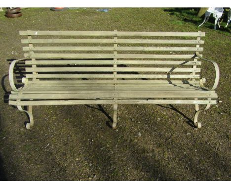 A vintage painted sprung steel garden bench with slatted seat, 184cm long 
