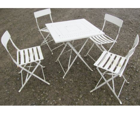 A contemporary cream painted light steel folding terrace table with pierced square top 70 cm together with a set of four furt