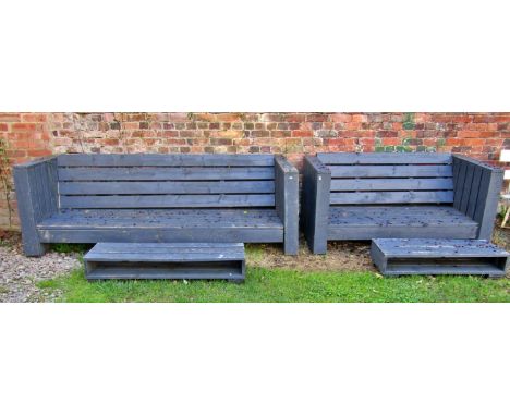 A painted and weathered three seat garden bench and matching low stool/table, bespoke made from garden decking boards, 232cm 