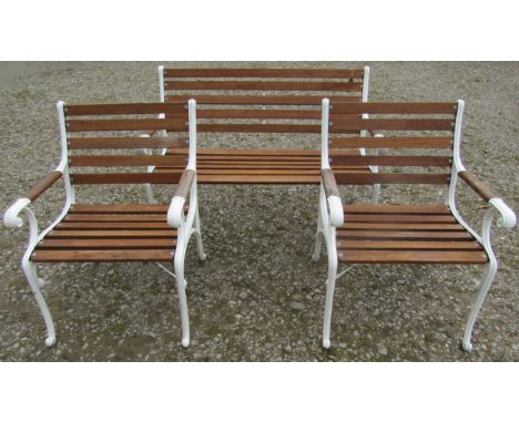 A good quality (refurbished) four piece garden suite comprising two seat bench, pair of matching open armchairs and a table, 