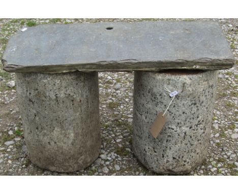A pair of squat clylindrical polished  Dartmoor granite  pedestals 39 cm high x 26 cm diameter together with a rectangular sl