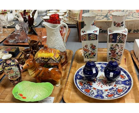 Four trays of ceramics, glass and other items to include: pair of modern Japanese vases, ceramic study of a Corgi dog, 19th c
