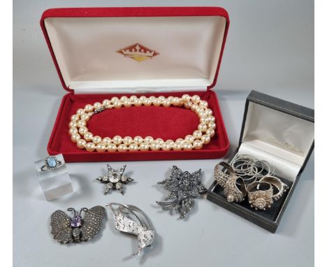 Collection of jewellery to include: costume brooches, dress ring, collection of white metal, probably Indian rings, simulated