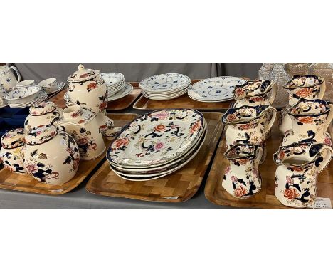 Three trays of Masons Ironstone 'Mandalay' design items to include: ginger jars and covers, tea caddy, pouch shaped dresser j