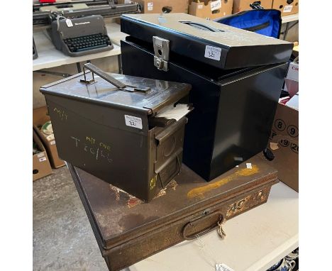 Military ammunition box, metal filing box and a vintage metal filing box.  (3)   (B.P. 21% + VAT) 