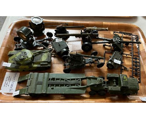 Collection of vintage Dinky, Crescent etc. military vehicles and accessories: tanks, tank transporter, cannons etc.   (B.P. 2