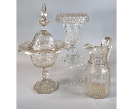 Collection of 19th century heavy crystal glass to include: pitcher jug, turnover vase and sweetmeat vase and cover.  (3)  (B.