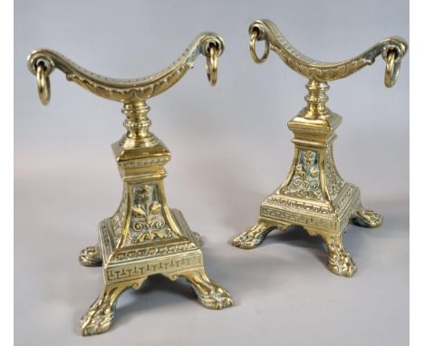 Pair of Victorian brass classical design fire dogs with ring handles on paw feet.  (2)  (B.P. 21% + VAT) 