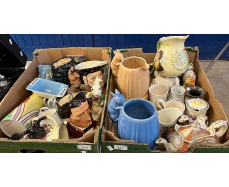 Two trays of assorted ceramics to include: Royal Doulton Character Jugs, Sylvac jugs, Poole Pottery marmalade pot, Victorian 