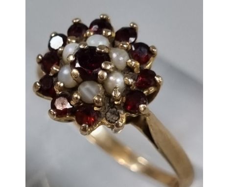9ct gold pearl and ruby cluster ring.  2.4g approx.  Size P1/2. (B.P. 21% + VAT) 