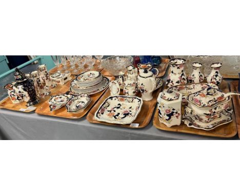 Four trays of Masons Ironstone 'Mandalay' design items to include: pair of candlesticks, mantel clock, pouch shaped dresser j