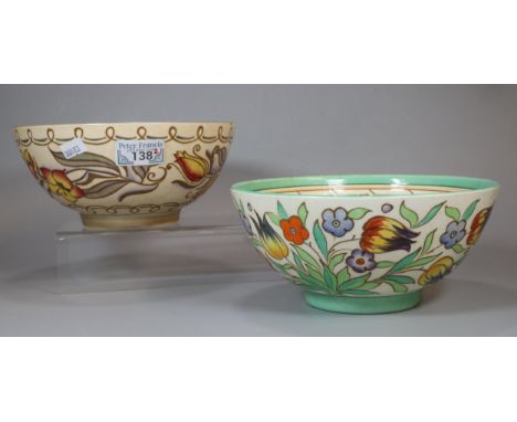 Two Charlotte Rhead Art Deco Bursley Ware tube lined pedestal bowls, both having floral and foliate designs.  19cm diameter a