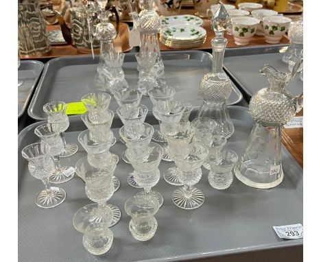 Crystal glass Thistle cordial decanter and another similar with stopper together with a  collection of Thistle crystal dram a
