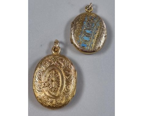 Two yellow metal and enamel engraved lockets of oval form with suspension loops.  Total weight 18g approx.  (B.P. 21% + VAT) 