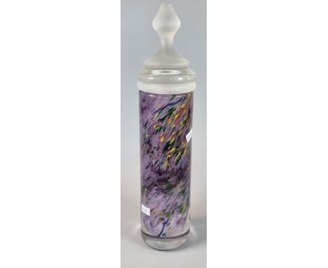 In the style of Will Shakespeare, West County Art Glass cylinder vase and frosted cover on a violet ground with speckled mult