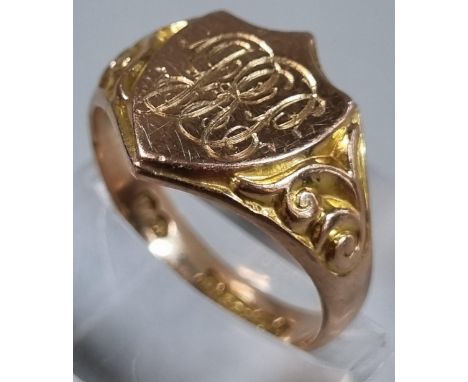 9ct gold shield shaped ornate signet ring with initials.  4.9g approx.  Size Q. (B.P. 21% + VAT) 