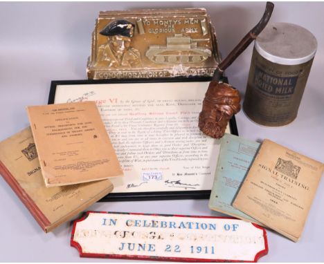 Box of items to include: 'In Celebration of King George V' Coronation June 22nd 1911' cast iron plaque, Signal Training Offic