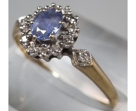 9ct gold diamond and sapphire cluster dress ring.  2g approx.  Size P.  (B.P. 21% + VAT) 