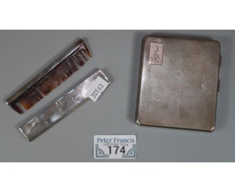 Silver engine turned cigarette case, Birmingham hallmarks.  3.15 troy oz approx. together with a silver cased travelling comb