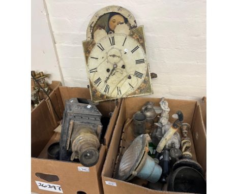 Two boxes of assorted items to include: Welsh eight day clock movement with painted face, having rolling moon, vintage magic 
