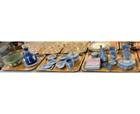 Three trays of Wedgwood 'Jasperware' blue and white design items to include: vases, trinket boxes, blue and white bottle shap