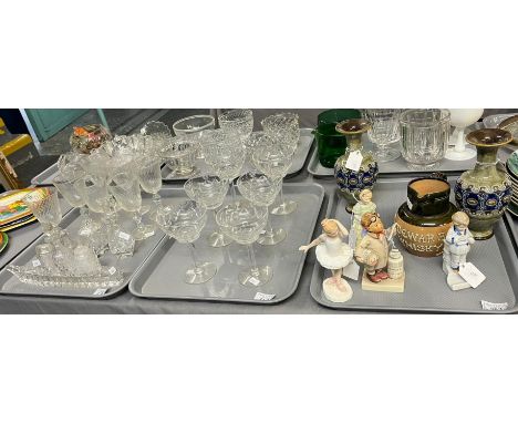 Two trays of glassware to include: wrythen design wine glasses, cruet set etc. together with a tray of ceramics to include: p