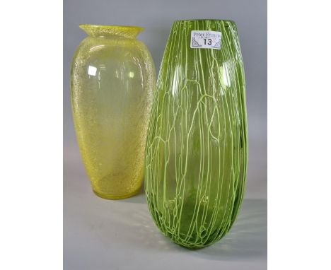 Hand blown acid green veined vase.  34cm high approx. together with a yellow speckled baluster Art Glass vase.  33cm high app