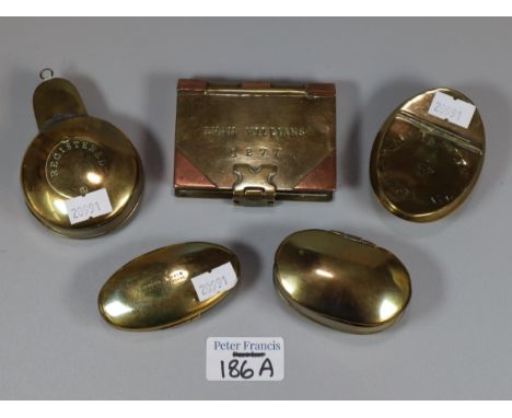 Victorian brass and copper Miners snuff box in the form of a Bible book, 'Evan Williams 1877', together with three other Mine