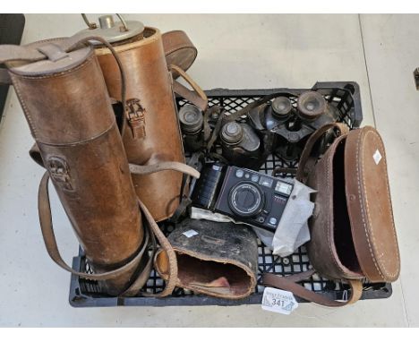 Group of assorted binoculars, a Thermetot leather covered flask, probably military, military type leather telescope case, two