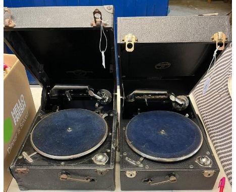 Two Columbia portable wind-up gramophones together with a box of assorted 78 rpm records.  (3)   (B.P. 21% + VAT) 