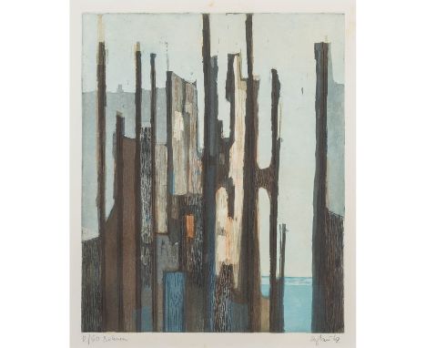 EGLAU, OTTO (1917-1988), "Bühnen", 1962, abstrakte Komposition, Farbaquatintaradierung/Bütten, darunter mit Bleistift nummeri