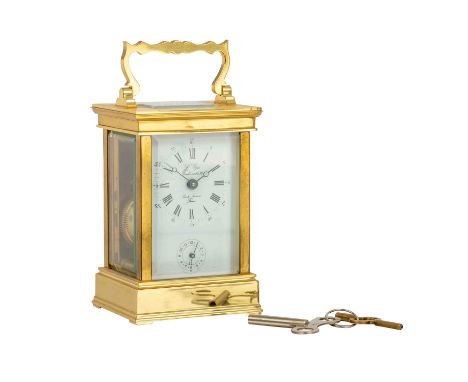 REISEUHR "L' Epee" 20.Jh. Sainte-Suzanne bei Montbéliard, gegr. 1839, vergoldetes Messing, vierseitig verglast, Emaille-Ziffe