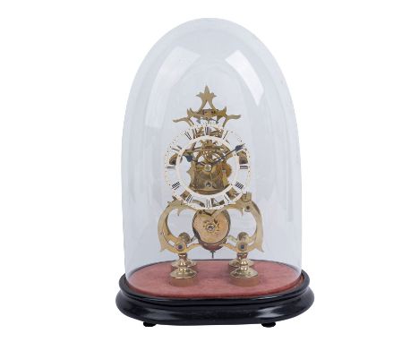 SKELETTUHR MIT GLASGLOCKE England, 19.Jh., auf ebonisiertem Holzsockel montierte Uhr mit durchbrochenem emailliertern Zifferr