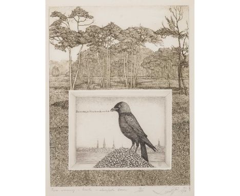 RÓZGA, LESZEK (1924 - 2015), "Pejzaż wiosenny z kawką", 1976, aus der Serie "Pejzaże wiosenne". Radierung auf Papier, mit Ble