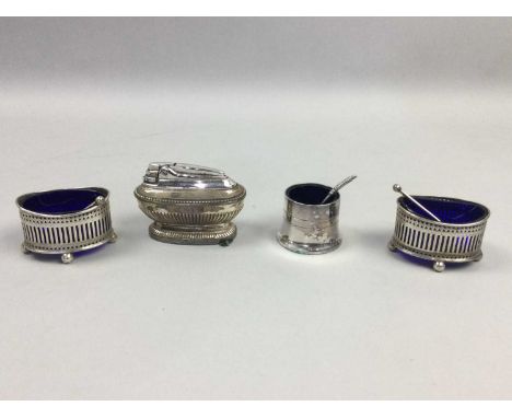 SILVER SALT DISHES, with blue liners, along with a silver plated table lighter and a spoon and knife set in fitted case