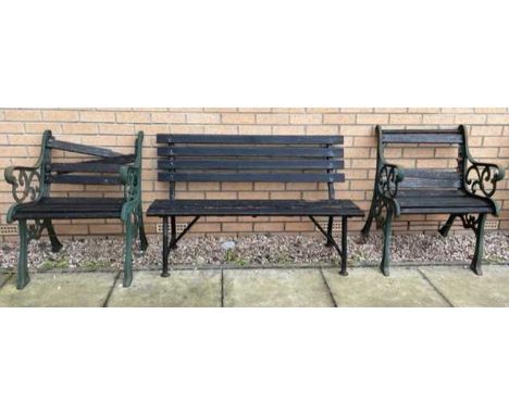 WROUGHT IRON AND WOODEN GARDEN BENCH AND CHAIR SET,comprising a bench and two chairs (3)