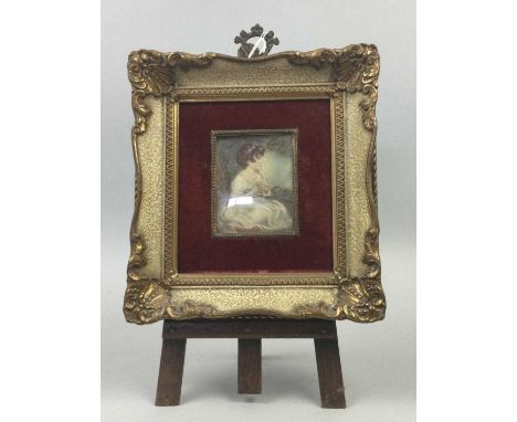 COLLECTION OF PORTRAIT AND PICTURE MINIATURES,along with two easels and a pair of Art Deco wall brackets, also a stationery r