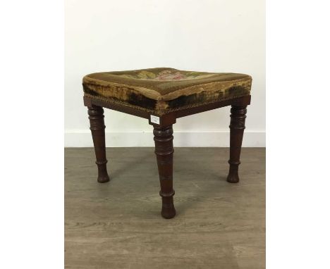 LATE VICTORIAN MAHOGANY SQUARE DRESSING STOOL,with needlework tapestry seat, 46cm wideAll 4 legs present, frame in good solid