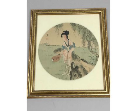 TWO JAPANESE PAINTINGS ON SILK,the first of a female, the second of a butterfly (2)