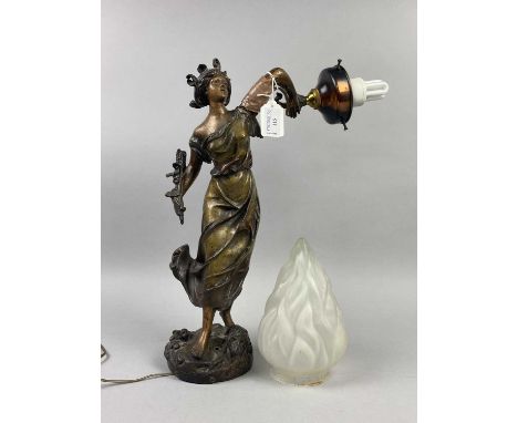 ART NOUVEAU SPELTER FIGURAL TABLE LAMP,'LE CLAIR', after Ludot, with frosted torch shadearm broken and reattached with duct t