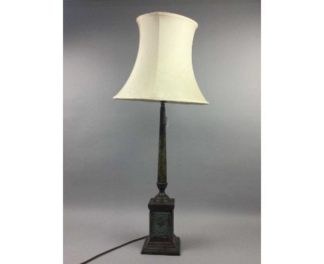 CAST METAL FLUTED COLUMN TABLE LAMP,99cm high to shade, along with a simulated marble table lamp (2)