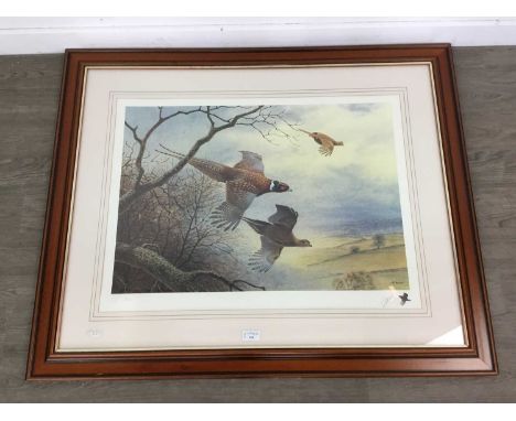 LIMITED EDITION PRINT BY PETER ALLIS,Pheasants in flight, mounted, framed and under glass, 84.5cm x 103cm overall