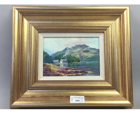BARBOLA MOUNTED EASEL MIRROR, 21cm wide, along with a gilt cherub decorated wall mirror and a painting of Loch Lomond (3)