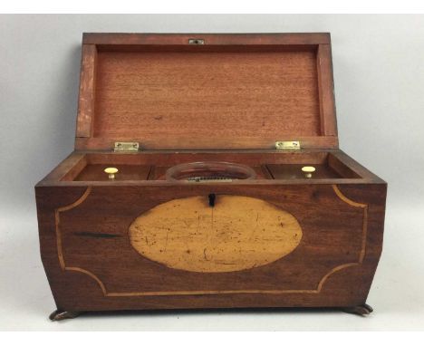MAHOGANY AND INLAID TEA CADDY,with two division interior and mixing bowl, 30cm wide