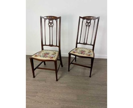 PAIR OF EDWARDIAN MAHOGANY BEDROOM CHAIRS,along with six painted ladder back chairs (8)