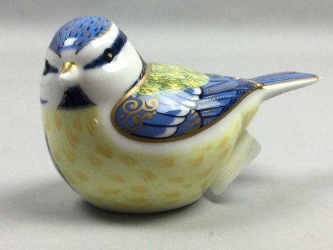 ROYAL CROWN DERBY PAPERWEIGHT,Garden Blue Tit, 10cm long, along with three Bing &amp; Grondhal shell shaped dishes, each pain