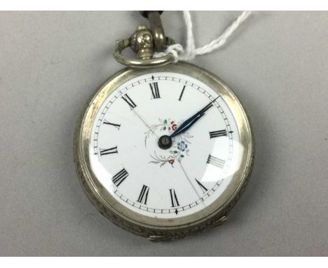 CONTINENTAL SILVER CASED FOB WATCH,with a twisted cord chain, along with a small collection of thimbles and a Victorian glass