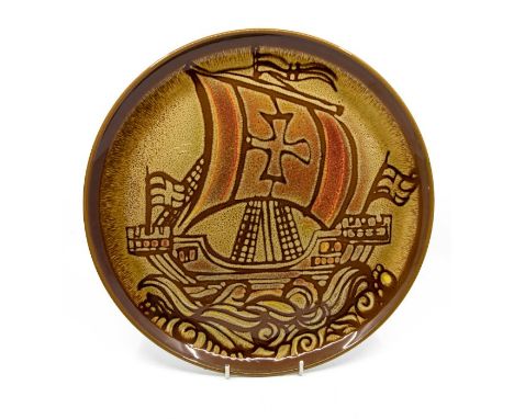 Poole Pottery: A Poole Pottery Aegean charger depicting a galleon in full sail. Diameter approx 32.5cm. Marks to the base.Con