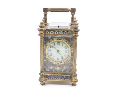 A 19th century champleve enamel Repeating Carriage Clock. With four bevelled glass sides, turquoise enamel work on all sides 